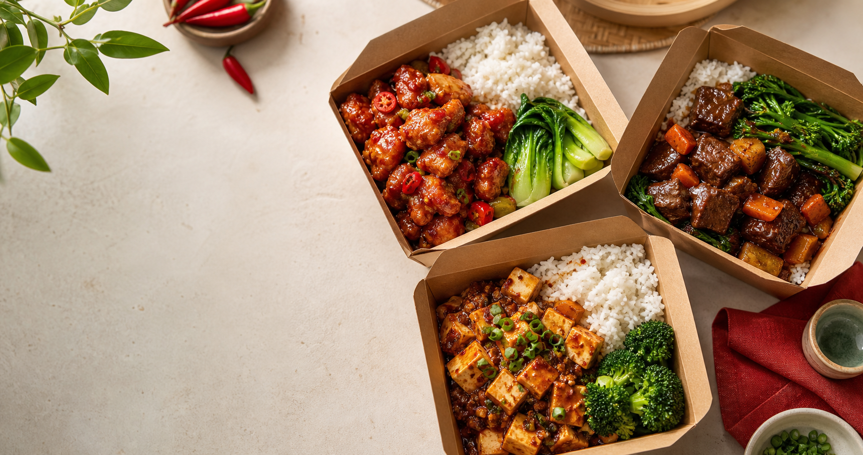 Chinese lunch boxes with chilli chicken, braised beef and mapo tofu